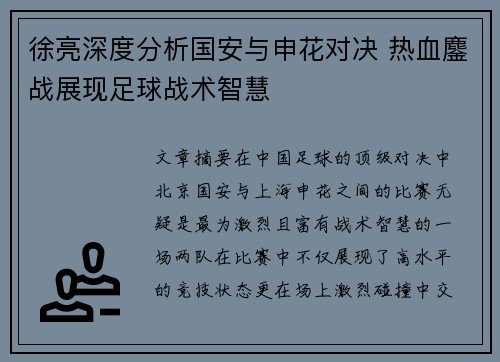 徐亮深度分析国安与申花对决 热血鏖战展现足球战术智慧